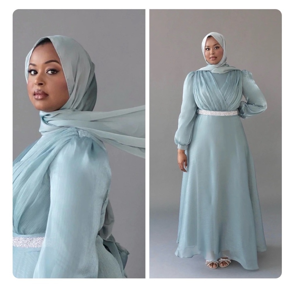 Elegant Dusty Blue Modest Evening Gown – Size Small with Scarf